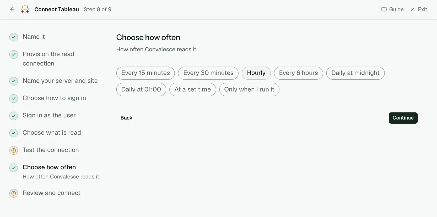 The "Choose how often" step of the connect screen