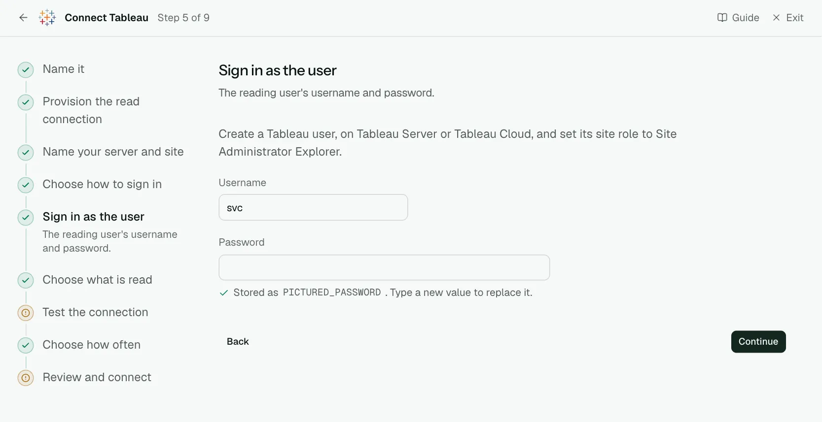 The "Sign in as the user" step of the connect screen