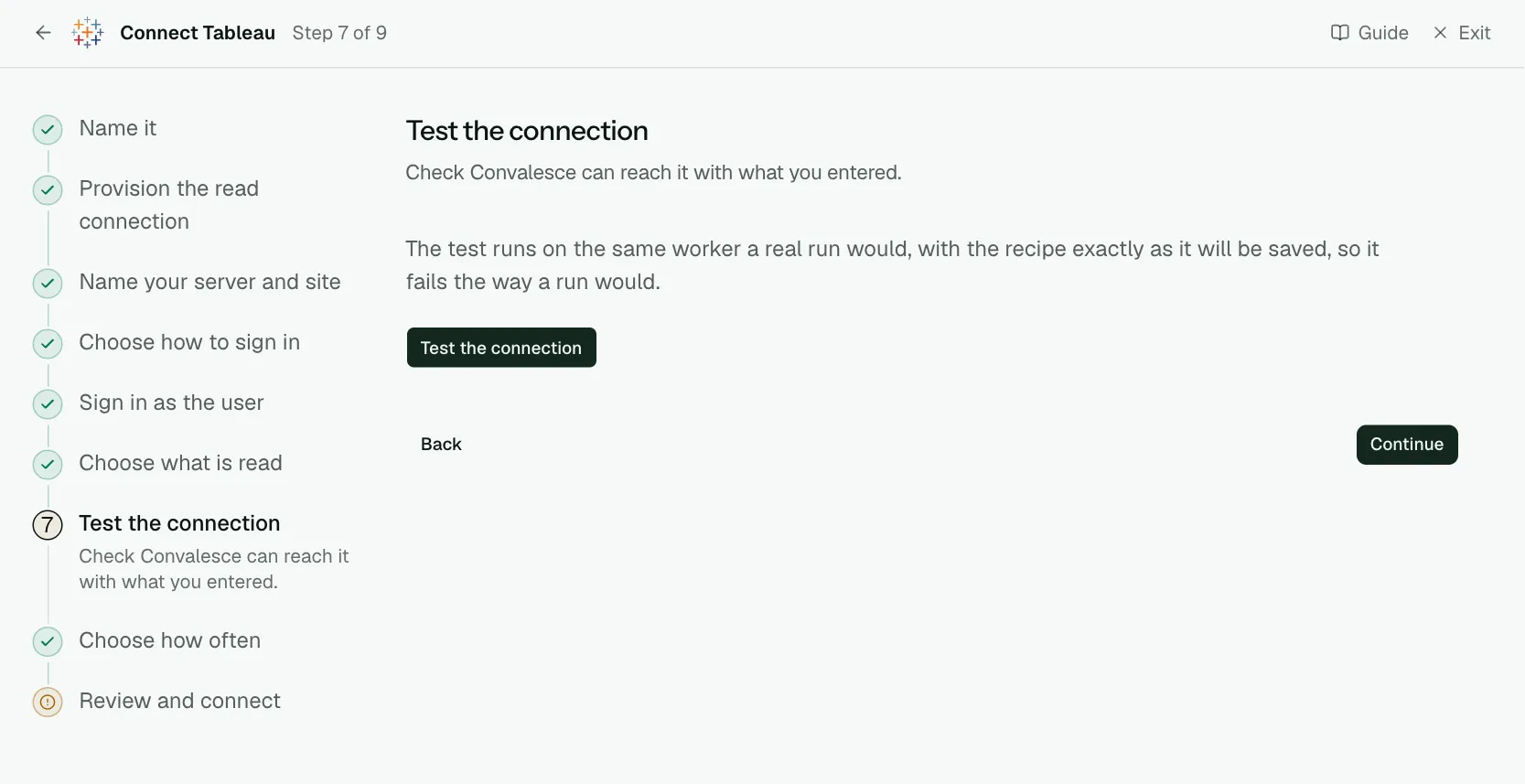 The "Test the connection" step of the connect screen